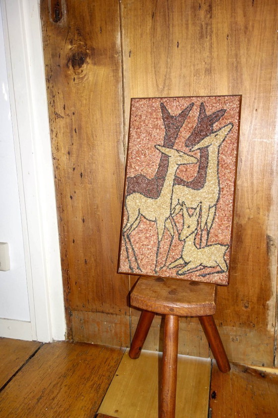 Image 1 of mid-century forest scene wall art * pink gravel mosaic * deer and fawn * kitsch woodland decor
