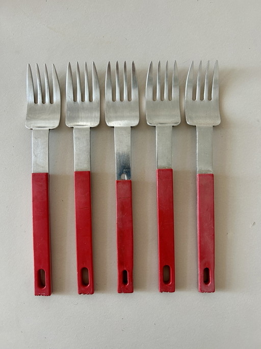 Set di posate vintage Abert del 1980, 18 x 12 pollici, anni '80, Italia, 5 forchette, rosse, stile postmoderno.
