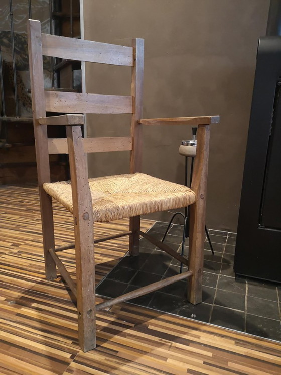 Image 1 of Pair of antique wooden straw-seated armchairs - Authentic country style