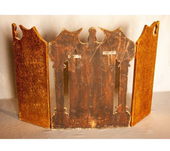 Image 1 of Religious triptych of carved wood and gold leaf. Painting with Virgin and Child. Folding picture with illustration.