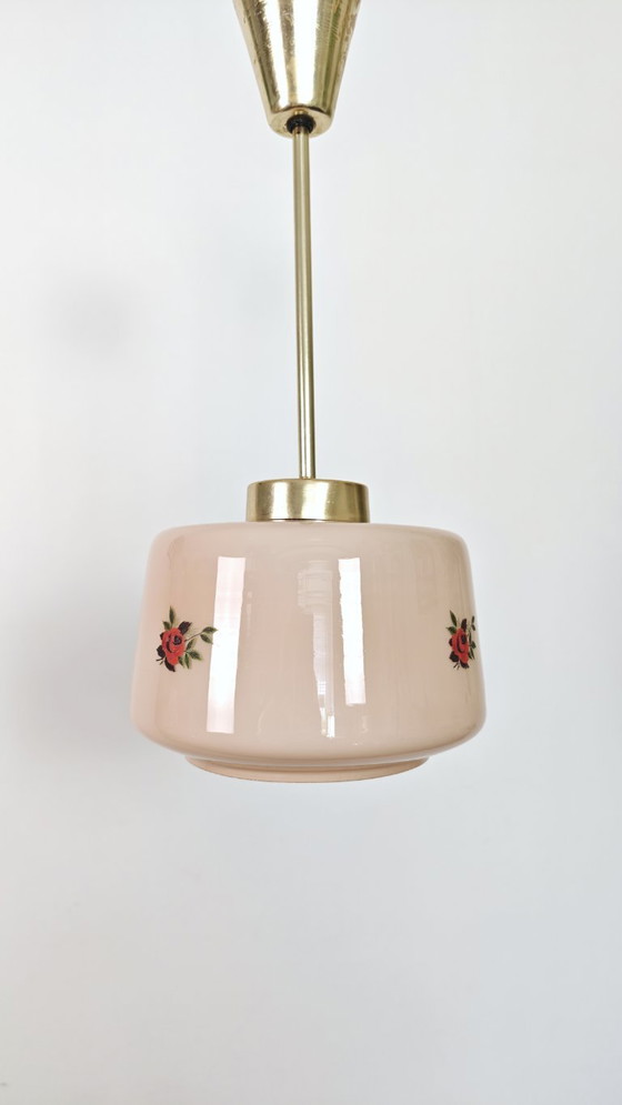Vintage Pink Glass Pendant Light with Rose Floral Pattern & Brass Details, Pendant lamps, Metal (photo 3 of 9)