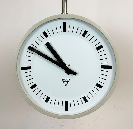Image 1 of Grey Industrial Bakelite Double Sided Factory Clock from Pragotron, 1980s