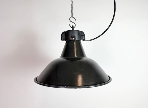 Industrial Black Enamel Factory Lamp with Cast Iron Top, 1950s
