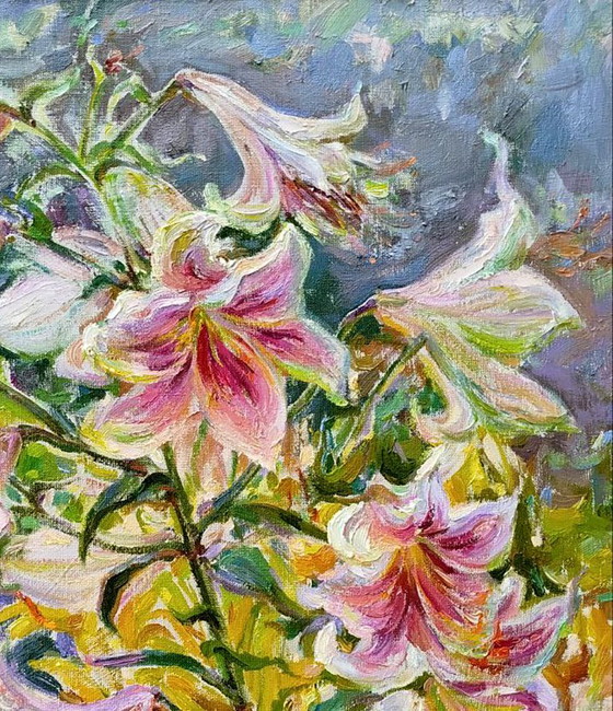 Original Oil Painting Nature Flowers Lilies Are Blooming – Paintings & Drawings, Canvas (photo 3 of 5)