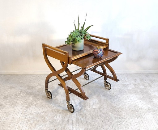 ✨ Bellissima coppia di tavoli vintage in teak – Carrello bar & tavolino – Benoit-Guyot Lyon ✨