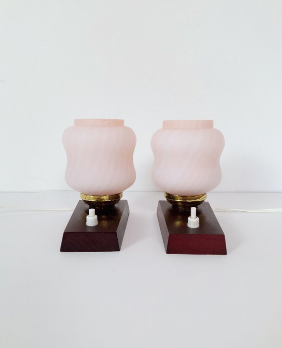 Image 1 of Vintage Mid Century Nightstand Lamps Pair / Retro Pink Swirl Glass Table Lights / 1970s Yugoslavian Bedroom Decor / By EMI Poljc