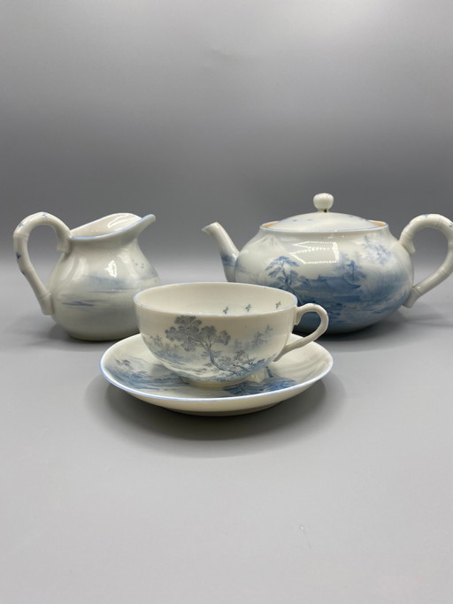 Japans porseleinen theeservies – Blauw en wit landschap – Dai Nippon Meiji-periode – decoratieve objecten, Porcelain