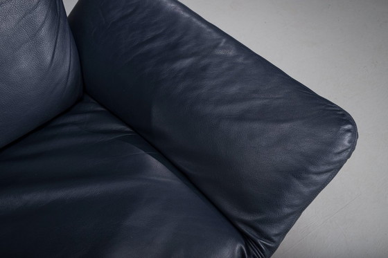 Image 1 of Danish Teak and Navy Blue Leather 2-Seater Sofa from Komfort, 1970s