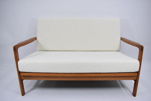 Canapé scandinave deux places, style années 60, teck et bouclé blanc