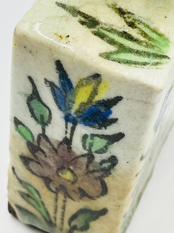 Image 1 of Antique Rectangular Ceramic Bottle, Persian Qajar Style, Fish Design, 19th Century
