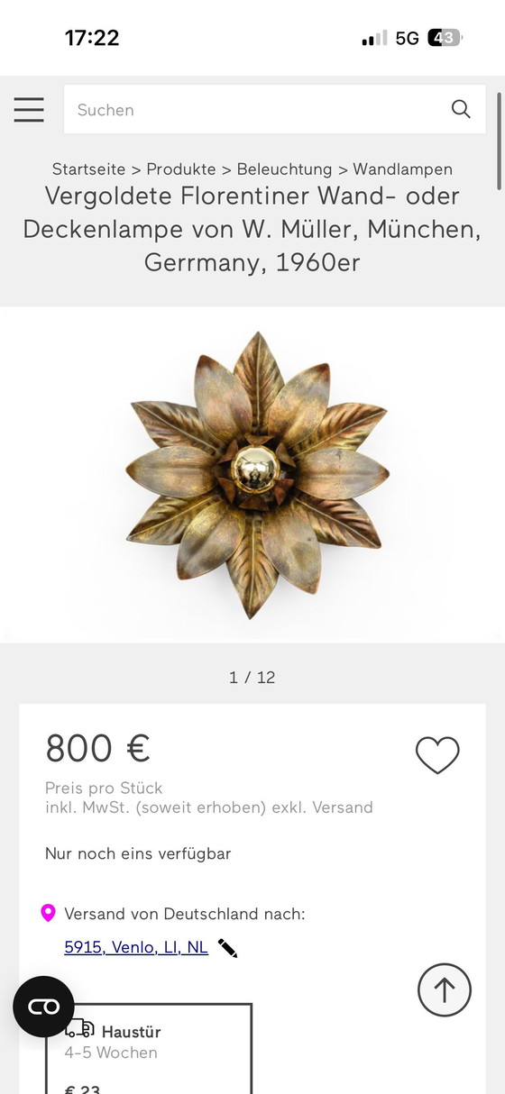 Image 1 of Lampada da parete a forma di fiore fiorentino dorata, W. Müller Monaco (anni '60)