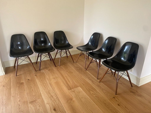 6x Esszimmerstühle von Charles Eames und Herman Miller aus schwarzem Fiberglas