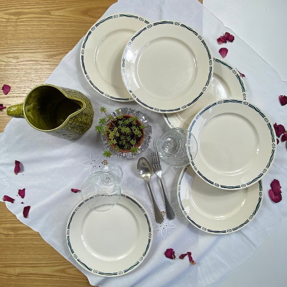 Image 1 of Ensemble de 6 assiettes plates faïence ancienne Badonviller modèle Epinal vert 