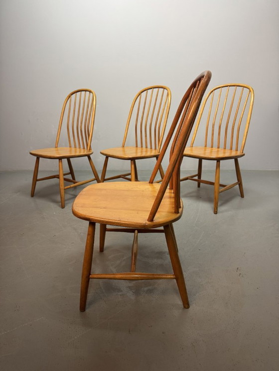 Image 1 of Set of 4 Mid-Century Design Spindle Back Dining Chairs by Bengt Akerblom & Gunnar Eklöf for Nässjö Stolfabrik, Sweden 1950s.