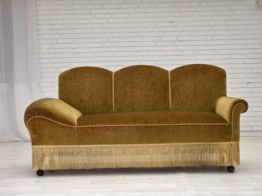 1950s, 2 seater sofa/daybed, light green furniture velour, ash wood legs.
