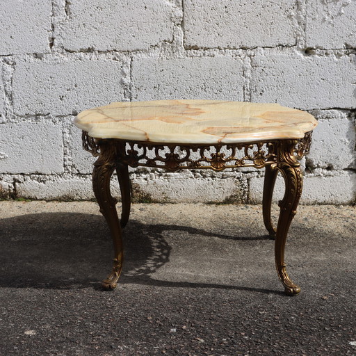 Franse Vintage Onyx Marmer en Bronzen Salontafel - Vintage Cocktailtafel - Ronde Salontafel - Stijl Louis XV - jaren '60