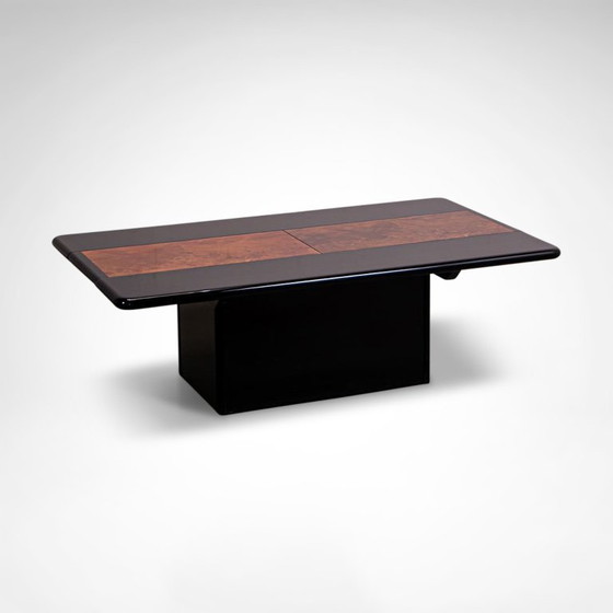 Image 1 of Black lacquered and burl wood coffee table with bar France 1980s