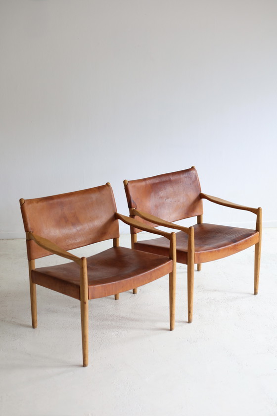 Ensemble de deux Fauteuils vintage Modèle Premiär 69, Per-Olaf Scotte Années 60 IKEA – Wood, Leather (photo 2 of 10)