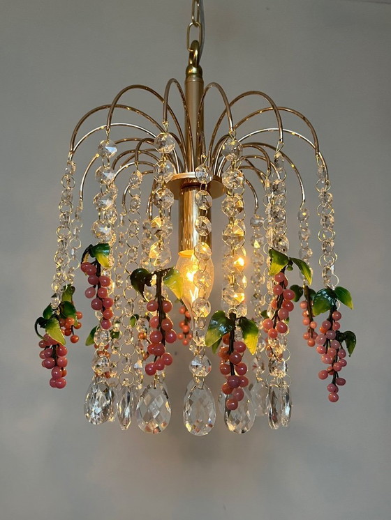 Image 1 of Set of 3 Vintage Pink Grapes Fruit Teardrop Chandelier From Murano