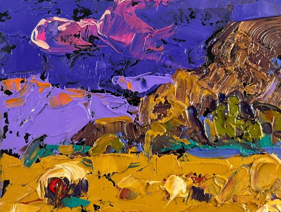Image 1 of Original Oil Painting Evening Field Landscape Wind in the stubble