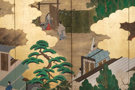 Image 1 of Antico paravento giapponese a sei pannelli con raffigurazione della storia di Genji.