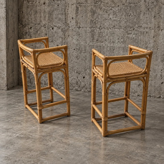 2 x sgabello in rattan / bambù / seduta in vimini / anni '70 – Sgabelli, Wicker, Bamboo (photo 3 of 5)
