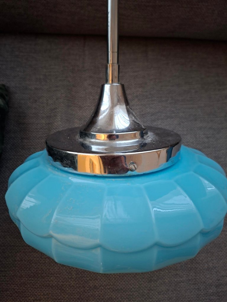 Lampada a sospensione vintage Art Déco con vetro blu