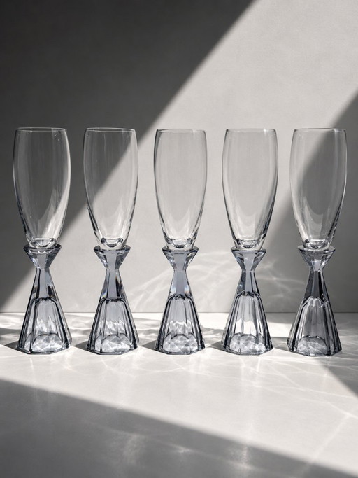 10 Vintage Kristallen Champagneglazen met Paarse Steel, Art Deco Revival, Italië jaren 80 – glazen karaffen, Crystal, Glass