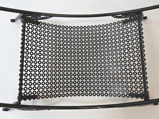 Image 1 of Vintage houtblokhouder uit de jaren 50, metaal en geperforeerd zwart metaal, rockabillystijl uit de jaren 50