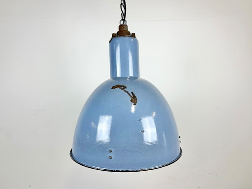 Lampada a sospensione industriale in smalto blu Bauhaus, anni '50