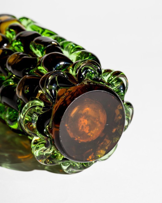 Image 1 of Skrdlovice “Ananas” Vase by František Vízner, 1971 Amber & Green Czech Art Glass