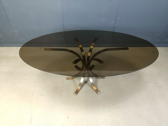 Image 1 of Tavolo da pranzo ovale in ottone e vetro vintage, anni '70