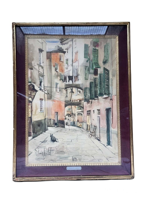 Pintura a la acuarela de un callejón de Génova por Antonio Pridel, años 60