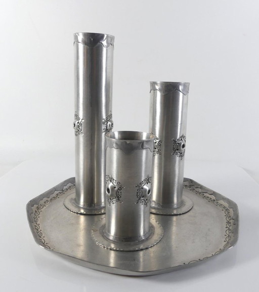 Estilo brutalista de los años 60, 3 candelabros, 1 bandeja, Leif Rubach, Noruega