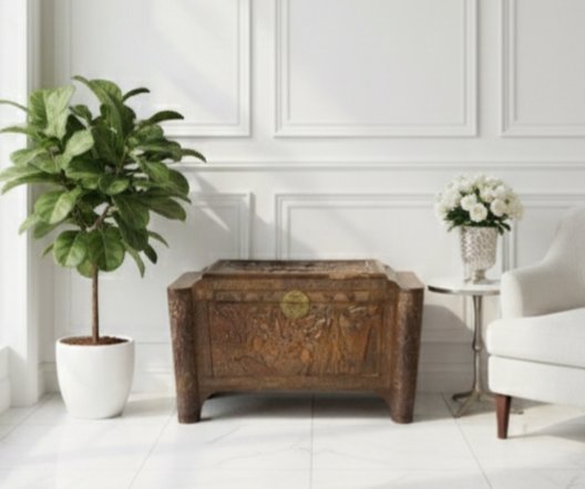 Image 1 of Antique Chinese chest with deep wood carving