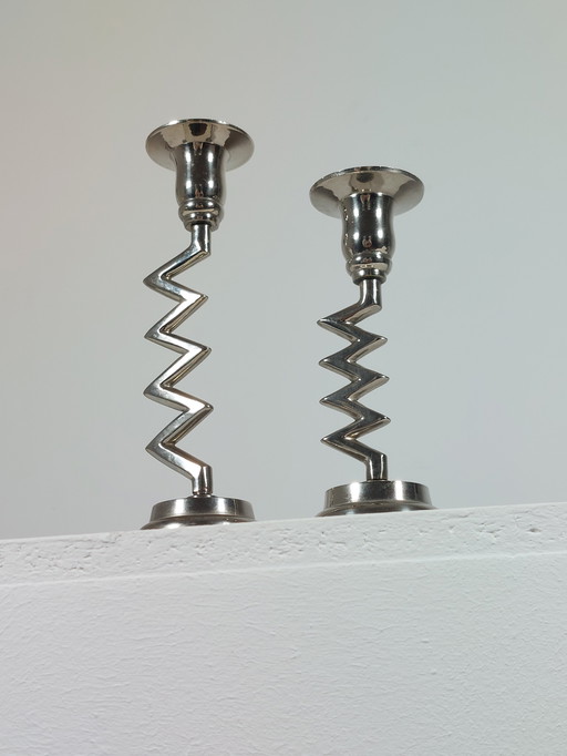 Pair of vintage designer candlesticks, zigzag decor, chrome, Memphis style, 1980s