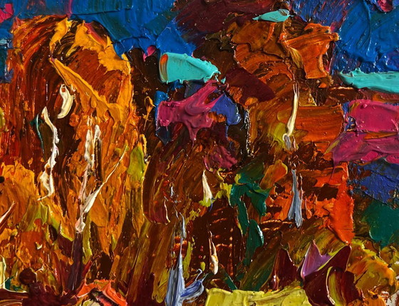 Image 1 of Original Oil Painting Evening Field Landscape Crimson autumn in the village