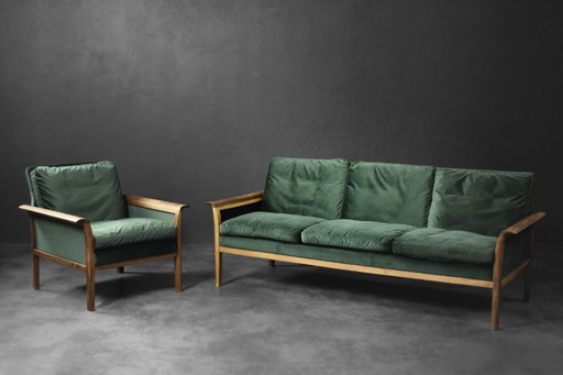 Vintage Norwegian Rosewood and Bottle Green Velour Sofa and Chair by Knut Sæter for Vatne Møbler, 1960s, Set of 2