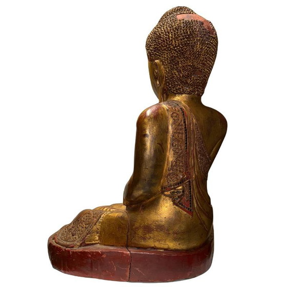 Estatua antigua de Buda Mandalay birmano – Madera dorada con ojos incrustados – Myanmar circa 1880–1920 (photo 7 of 9)