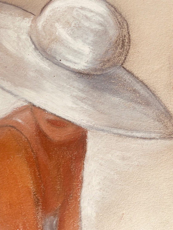 Image 1 of Pastel painting, portrait of a woman in a white hat, "full sunlight"