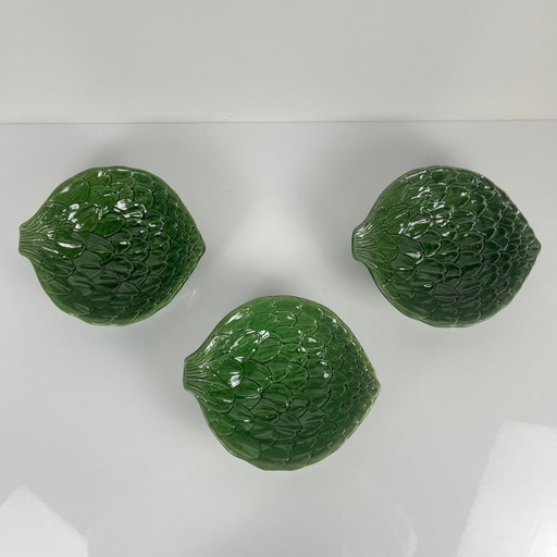 Juego de 3 cuencos de loza vintage de los años 70, color verde hoja de alcachofa.