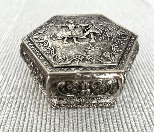 Antique, beautifully decorated silver-plated storage box/jewelry chest. Made in England.