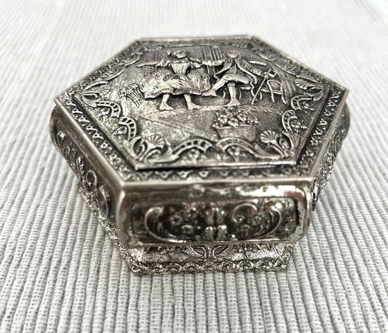 Image 1 of Antique, beautifully decorated silver-plated storage box/jewelry chest. Made in England.
