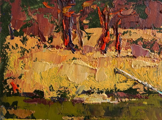 Image 1 of Original Oil Painting Autumn River Landscape The Lonely Fisherman