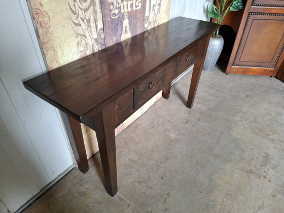 Robuuste teakhouten sidetable, haltafel, console afm. 145x38cm en 79cm hoog. – Wood (photo 3 of 5)
