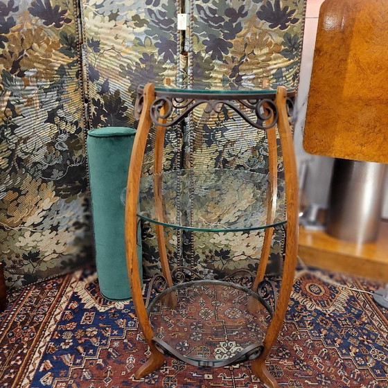 Image 1 of Guéridon en chêne, fer forgé et verre, style milieu du XXe siècle, années 1950 – France