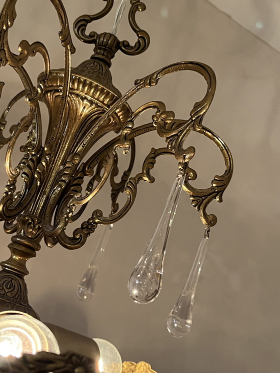 Vintage Bronze Art Nouveau Chandelier Opal Rods and Teardrop Pebbles – Crystal (photo 7 of 13)
