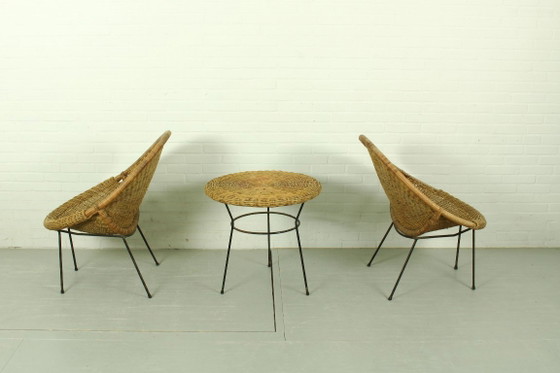 Image 1 of 1950s Italian Rattan Basket Chairs & Matching Bistro Table Set