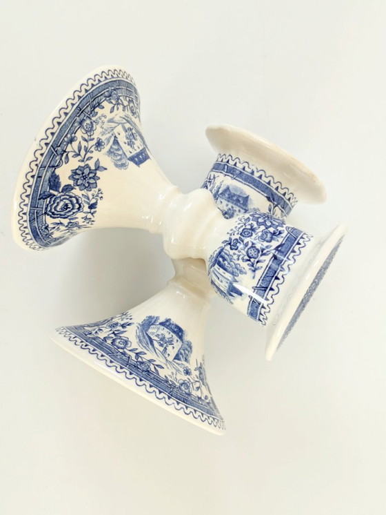 Image 1 of Set of 2 Antique Villeroy & Boch Burgenland Candleholders | Blue Saar Transferware (1913–1947)