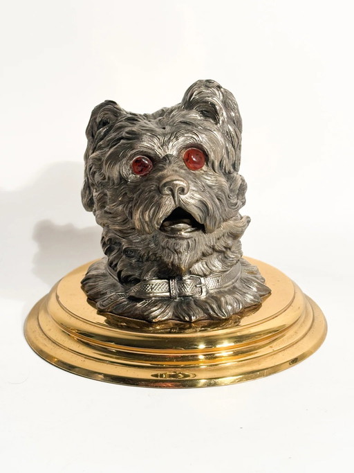 Early 20th Century English Metal Dog Inkwell with Brass Base – decoratieve objecten, Glass